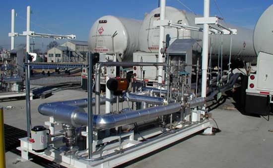 LNG Loading/unloading Skid fabricated in player's shop including cryogenic piping,  insulation, electrical and controls. All systems tested prior to delivery to job site.